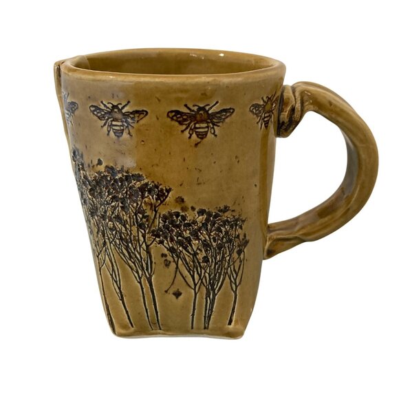 Colleen Deiss Mustard Yellow Slab Built Mug With Bees And Wildflower Design - Picture 1 of 8